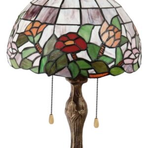 Abajour Tiffany floral em vidro colorido com base clássica bronzeada. Um toque artístico e vibrante para ambientes elegantes.
