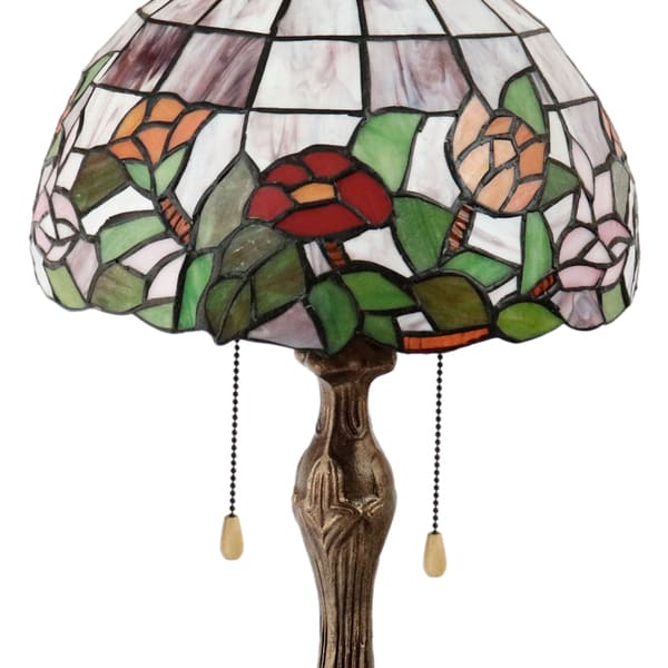 Abajour Tiffany floral em vidro colorido com base clássica bronzeada. Um toque artístico e vibrante para ambientes elegantes.