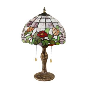 Abajour Tiffany floral em vidro colorido com base clássica bronzeada. Um toque artístico e vibrante para ambientes elegantes.