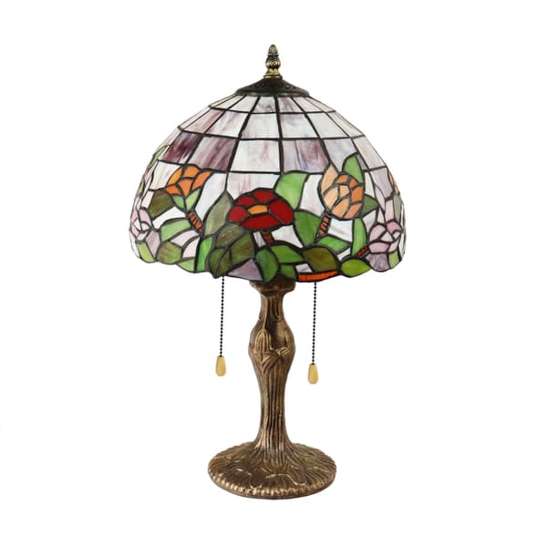 Abajour Tiffany floral em vidro colorido com base clássica bronzeada. Um toque artístico e vibrante para ambientes elegantes.