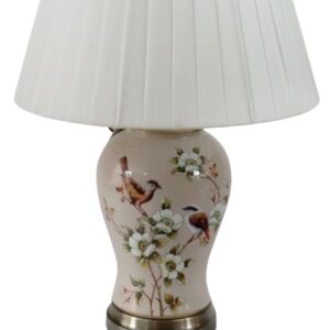 Abajour de cerâmica pintada à mão com estampa floral e pássaros. Iluminação clássica e charmosa para espaços com personalidade.