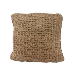 Almofada tricô bege com textura geométrica. Elegância natural e aconchego para ambientes sofisticados.