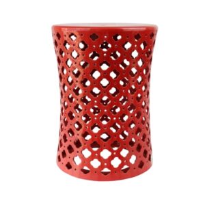 Banco decorativo de cerâmica vazado na cor vermelha com acabamento brilhante. Uma peça charmosa que agrega cor, textura e estilo à decoração.