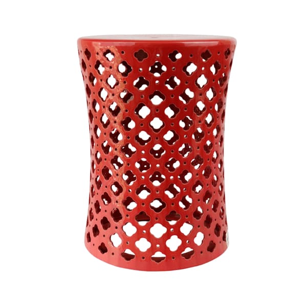 Banco decorativo de cerâmica vazado na cor vermelha com acabamento brilhante. Uma peça charmosa que agrega cor, textura e estilo à decoração.