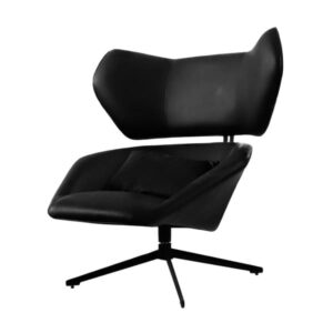 Poltrona giratória preta com encosto em formato de asa e base metálica. Uma peça elegante e confortável para ambientes contemporâneos.