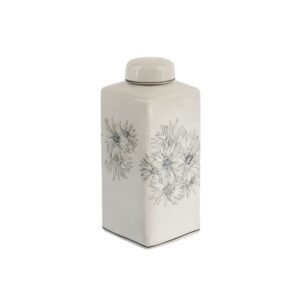 Pote decorativo de cerâmica com formato quadrado e delicada estampa floral. Sofisticação artesanal para complementar ambientes com leveza e elegância.