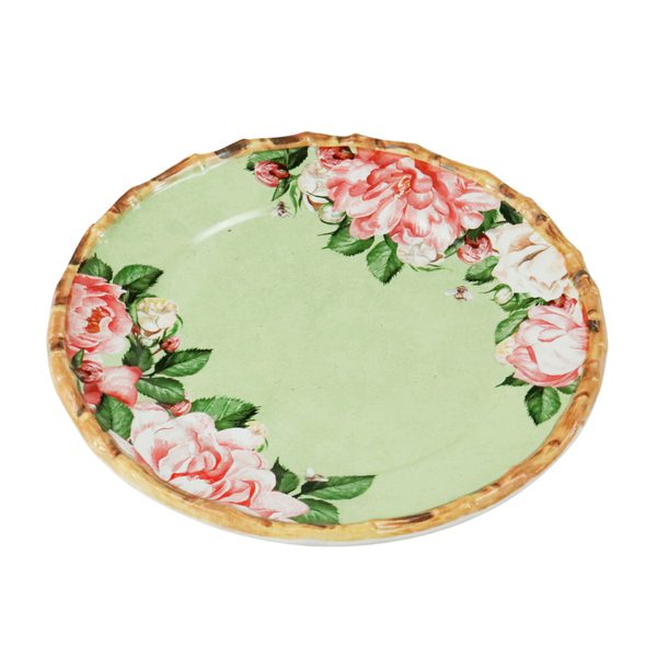 Prato de Porcelana Verde com Rosas. Toque artesanal com borda estilo bambu. Ideal para composições delicadas.