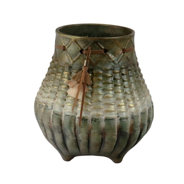 Vaso Decorativo Verde com Amarração e Detalhes Dourados