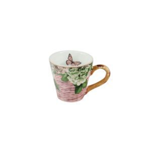 Xícara com pires de porcelana floral rosa com alça dourada. Um conjunto encantador e sofisticado para compor sua mesa posta.
