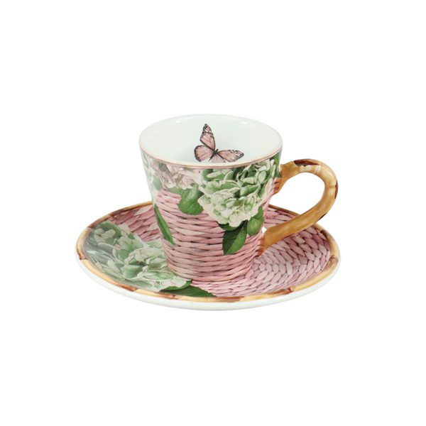 Xícara com pires de porcelana floral rosa com alça dourada. Um conjunto encantador e sofisticado para compor sua mesa posta.