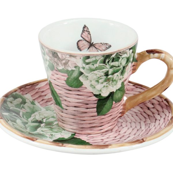Xícara com pires de porcelana floral rosa com alça dourada. Um conjunto encantador e sofisticado para compor sua mesa posta.